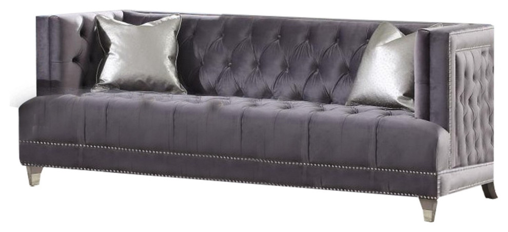 Chesterfield Design Fabric Loveseat With Button Tufting And Casters  Gray   Transitional   Loveseats   by VirVentures  Houzz