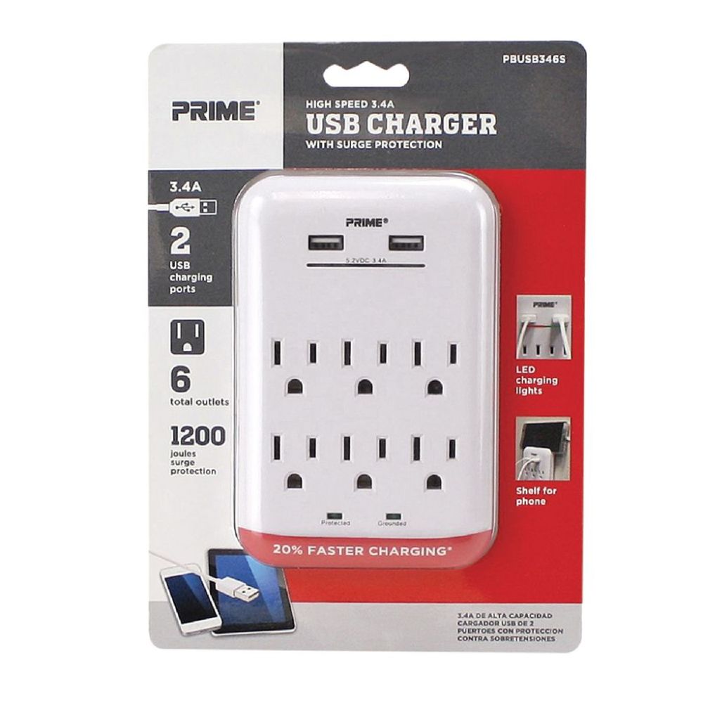 Prime 3 Prong 6 Outlet with 2 Port USB Charger ;