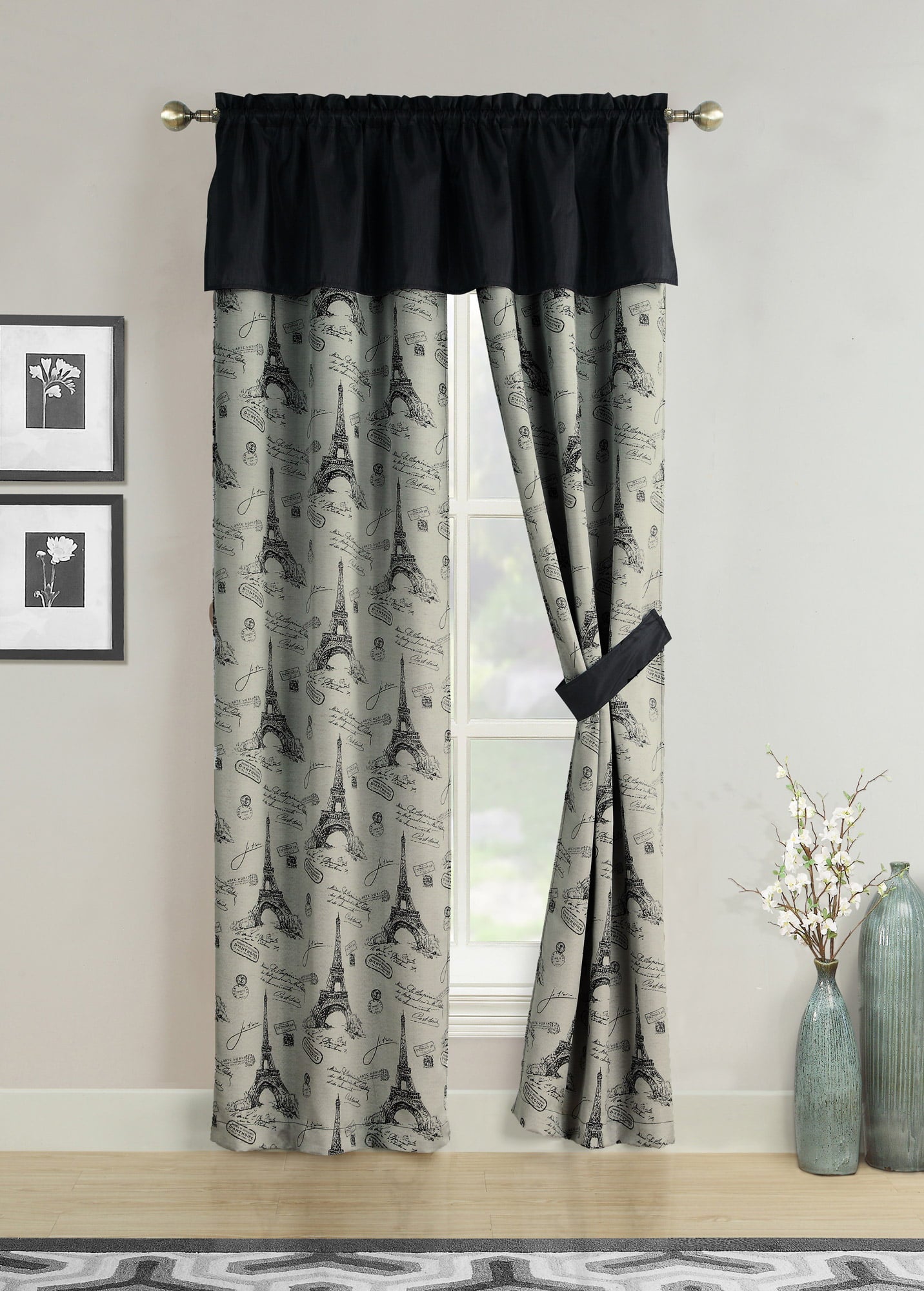 Window Curtains Black Gray Paris Eiffel Tower French Script Valance Panel Pair Drapes， 84