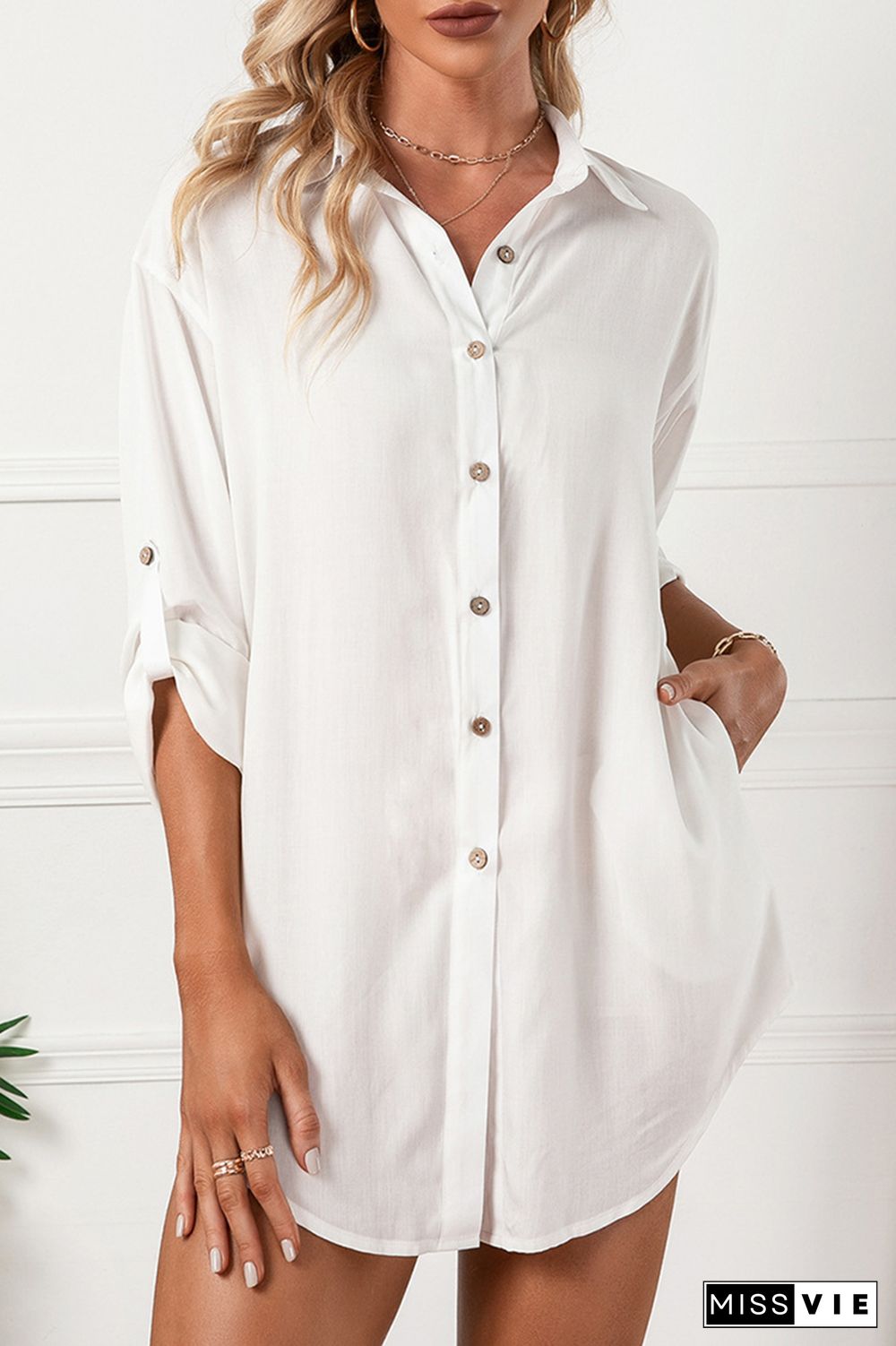 Casual Solid Buckle Turndown Collar Shirt Dress Dresses(6 Colors)