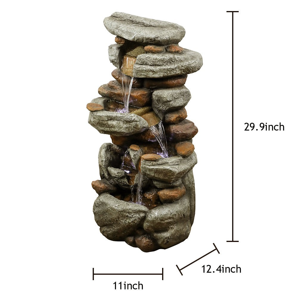 Watnature 4-Tier Rock Water Fountain with LED Lights - Outdoor Water Fountains Cascading Floor Water Feature Art Decor for Garden， Pation， Deck， Porch