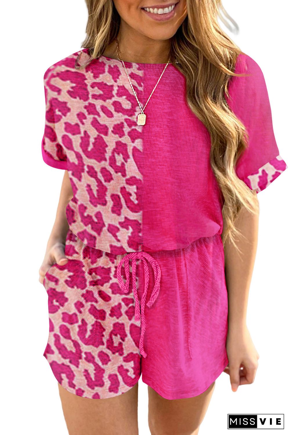 Pink Half Leopard Print Drawstring Knit Romper