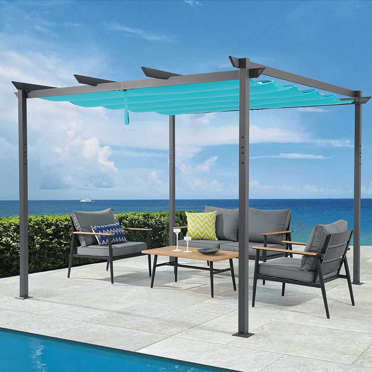 COBANA 10' x 10' Outdoor Pergola, Aluminum Patio Shade Shelter with Retractable Canopy for Garden, Porch, Backyard, Blue