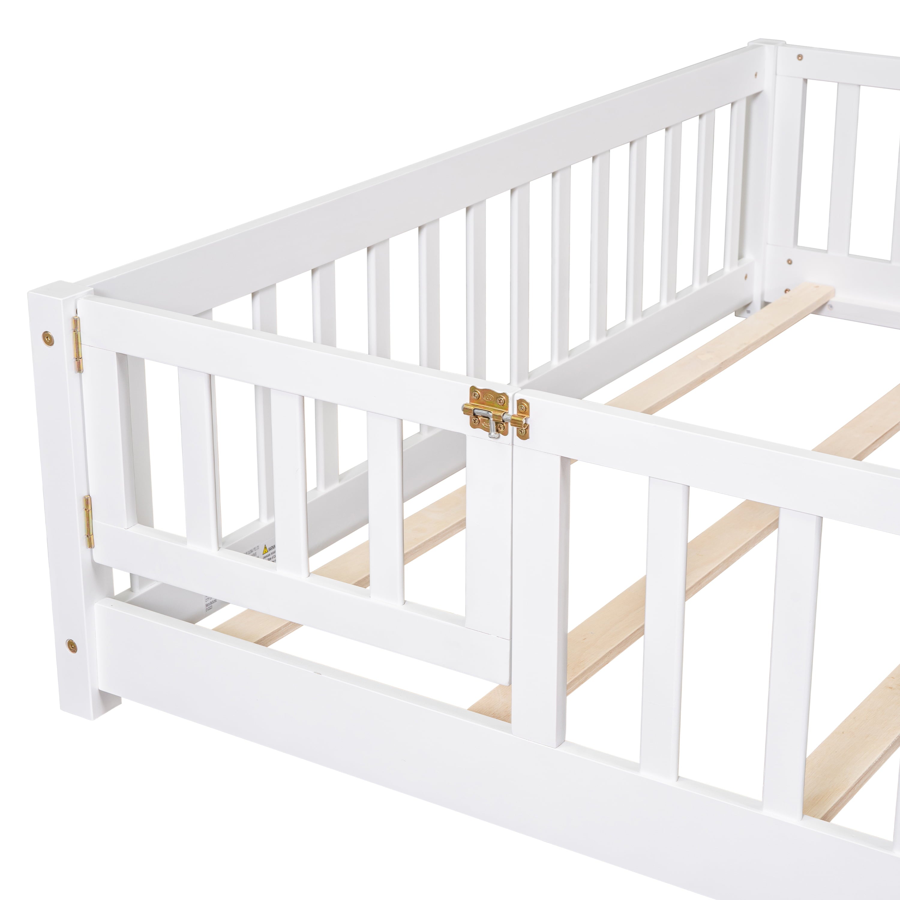 uhomepro Queen Size Wood Floor Bed Frame with Fence and Door for Kids, Toddlers, White