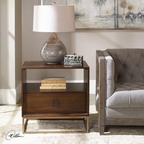 25” Brown Walnut Wood Side Table with Storage Drawers