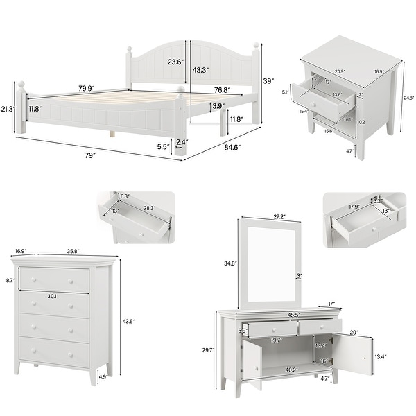 6 Pieces Wood Bedroom Sets， Nightstand*2+ Chest+ Dresser+ Mirror+ Bed - - 36905678