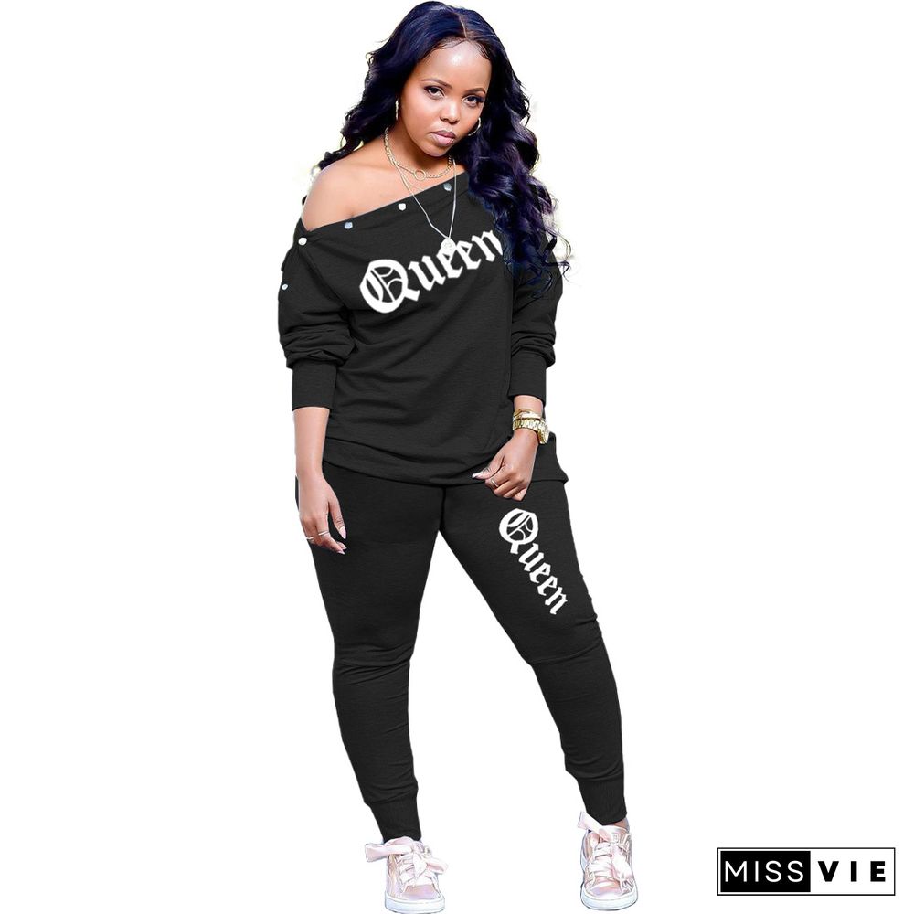 Letter Off Shoulder T-shirt Jogger Pants Tracksuit