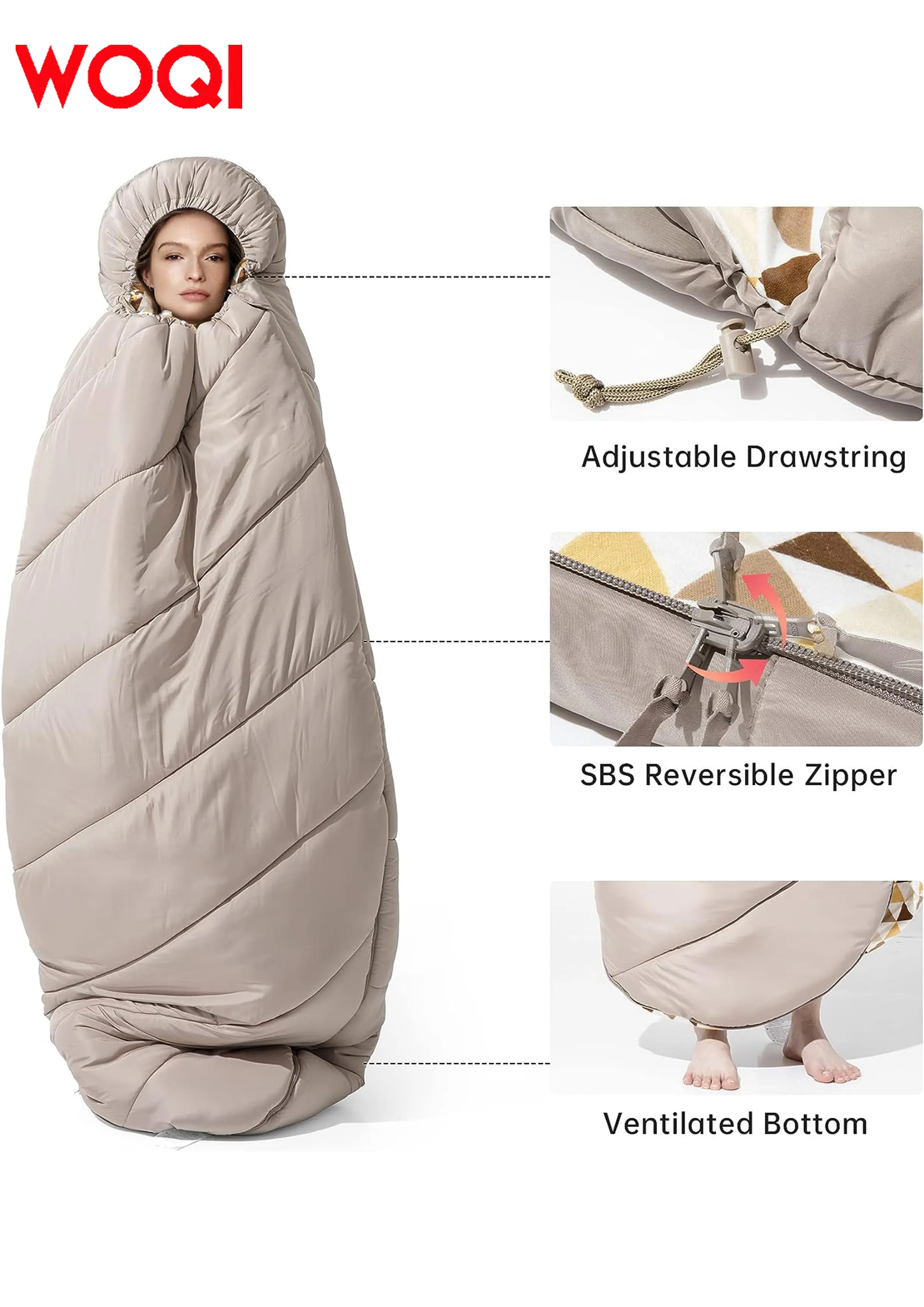 WOQI  Seasons Sleeping Bag 100% Cotton Large Sleeping Bag Suitable for Hiking Backpack Travel