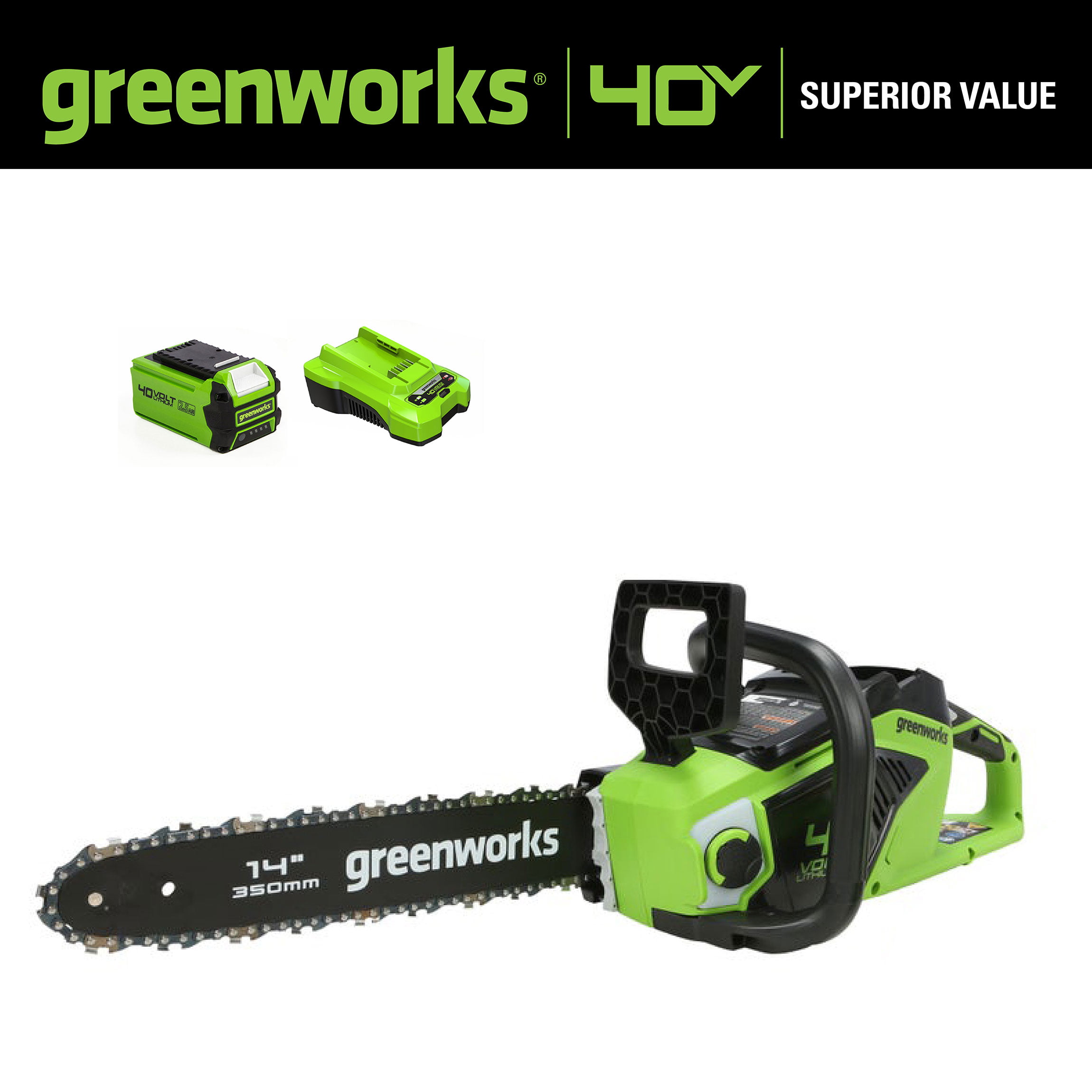 Greenworks 40V 14-inch Brushless Chainsaw With 2.5 Ah Battery and Charger， 2012802