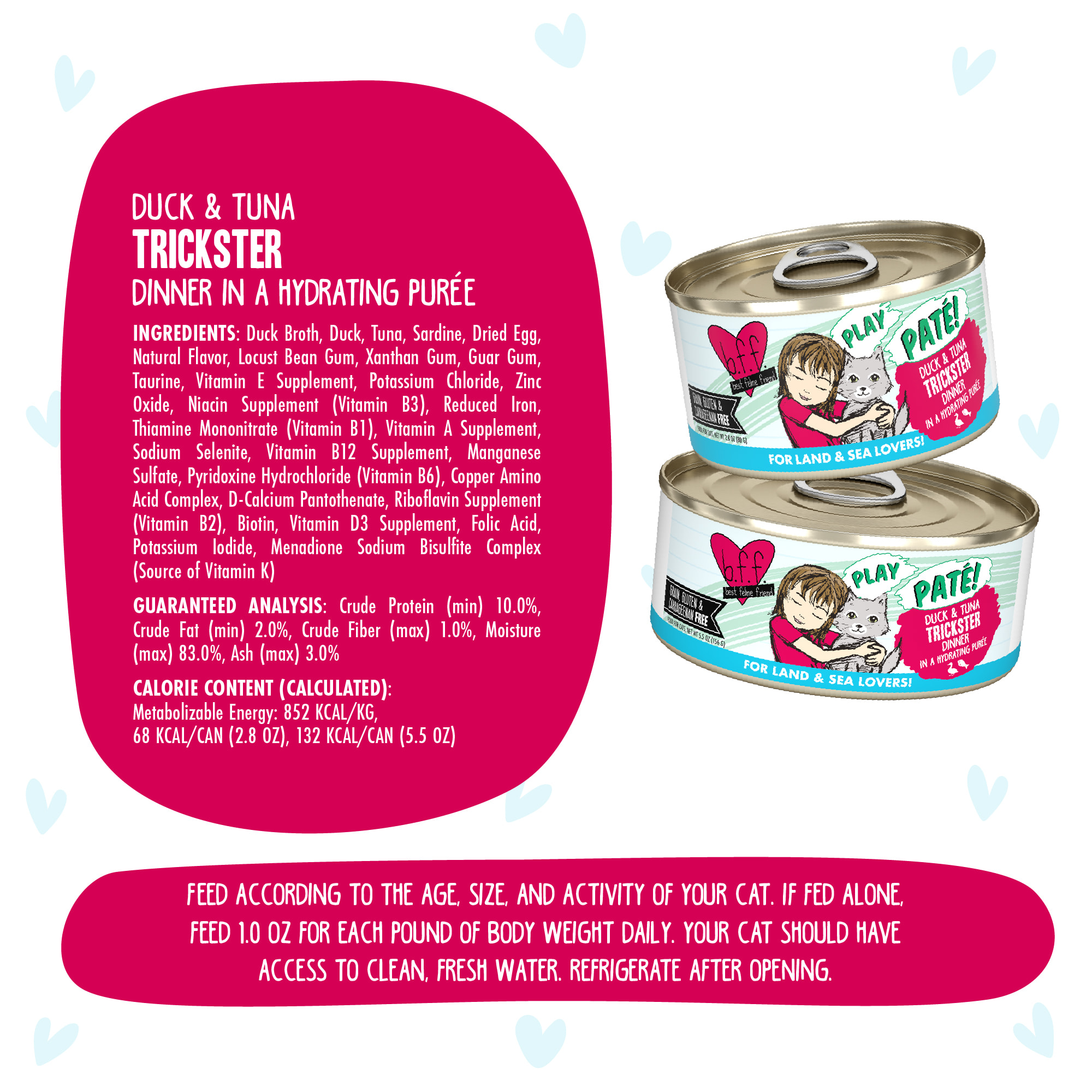 B.F.F. P.L.A.Y. Trickster Duck  Tuna Dinner in a Hydrating Puree Wet Cat Food， 2.8 oz.， Case of 12