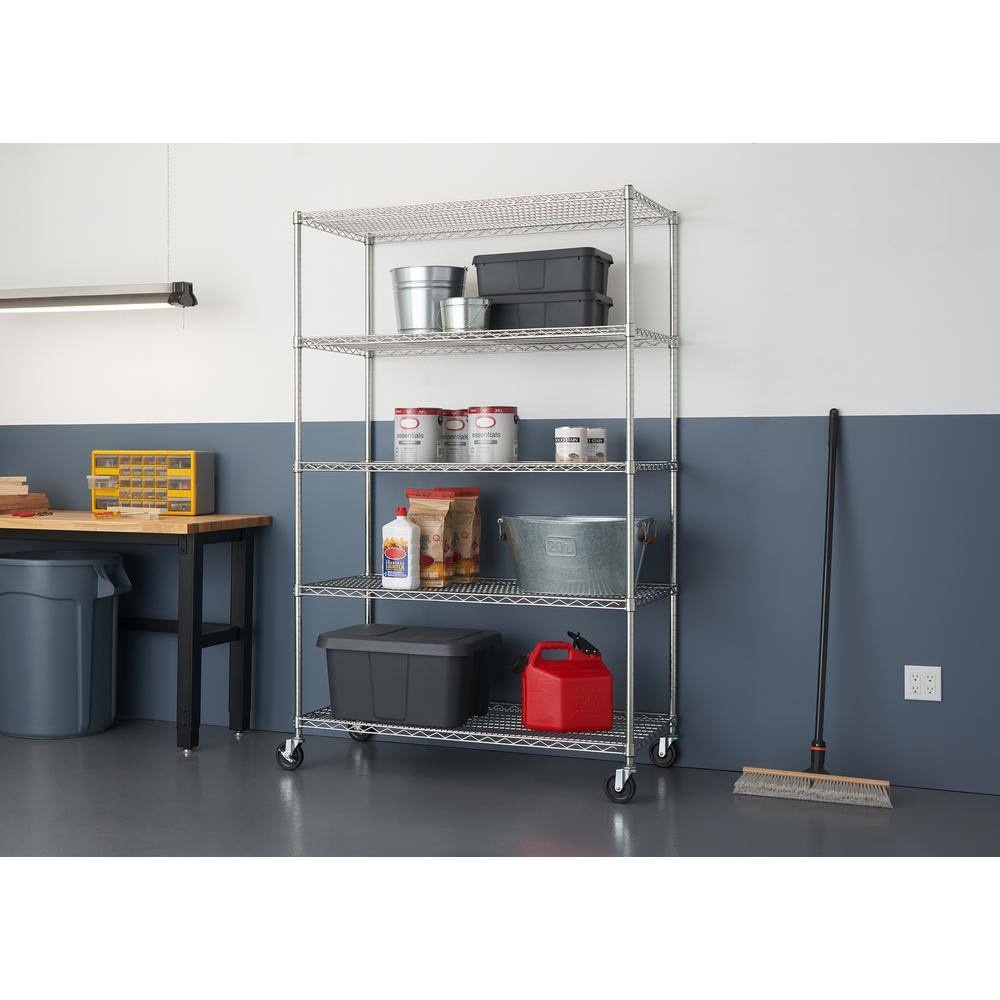 TRINITY EcoStorage Chrome 5-Tier Rolling Steel Wire Shelving Unit (48 in. W x 77 in. H x 24 in. D) TBFZ-0915