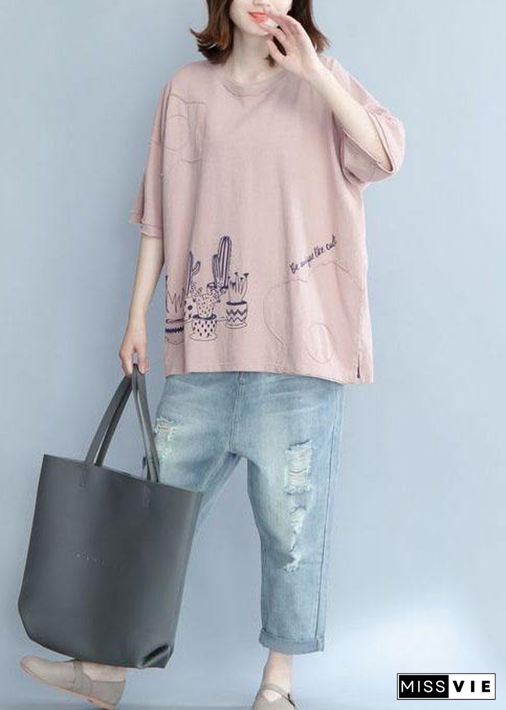 Unique pink prints cotton shirts women Appliques daily summer blouse