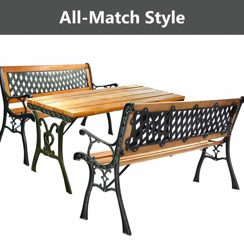 Large Cast Iron Outdoor Bench Seat, Weatherproof Wooden Garden Bench for Patio Park Porch