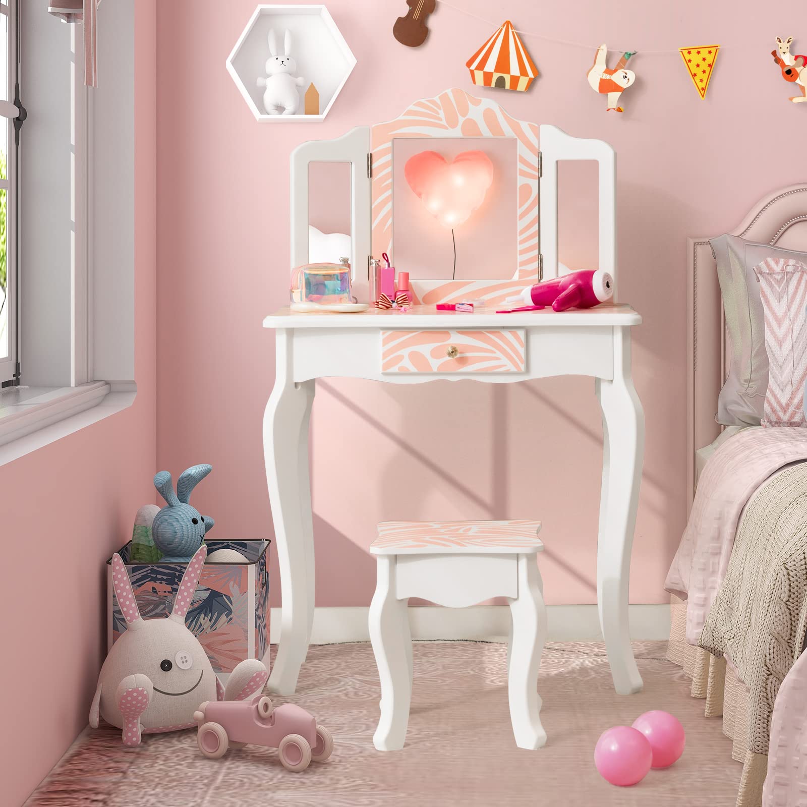 Costzon Kids Vanity Table and Chair Set, Girls Vanity Set with Mirror and Stool, Pretend Play Vanity Set for Little Girls