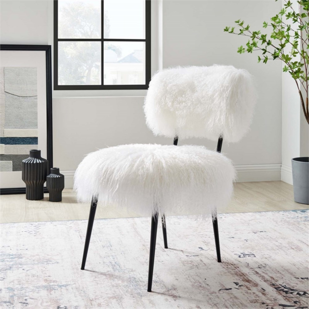 Modway Skylar Modern Upholstered Sheepskin  ampMetal Chair in White/Black   Midcentury   Armchairs And Accent Chairs   by Homesquare  Houzz