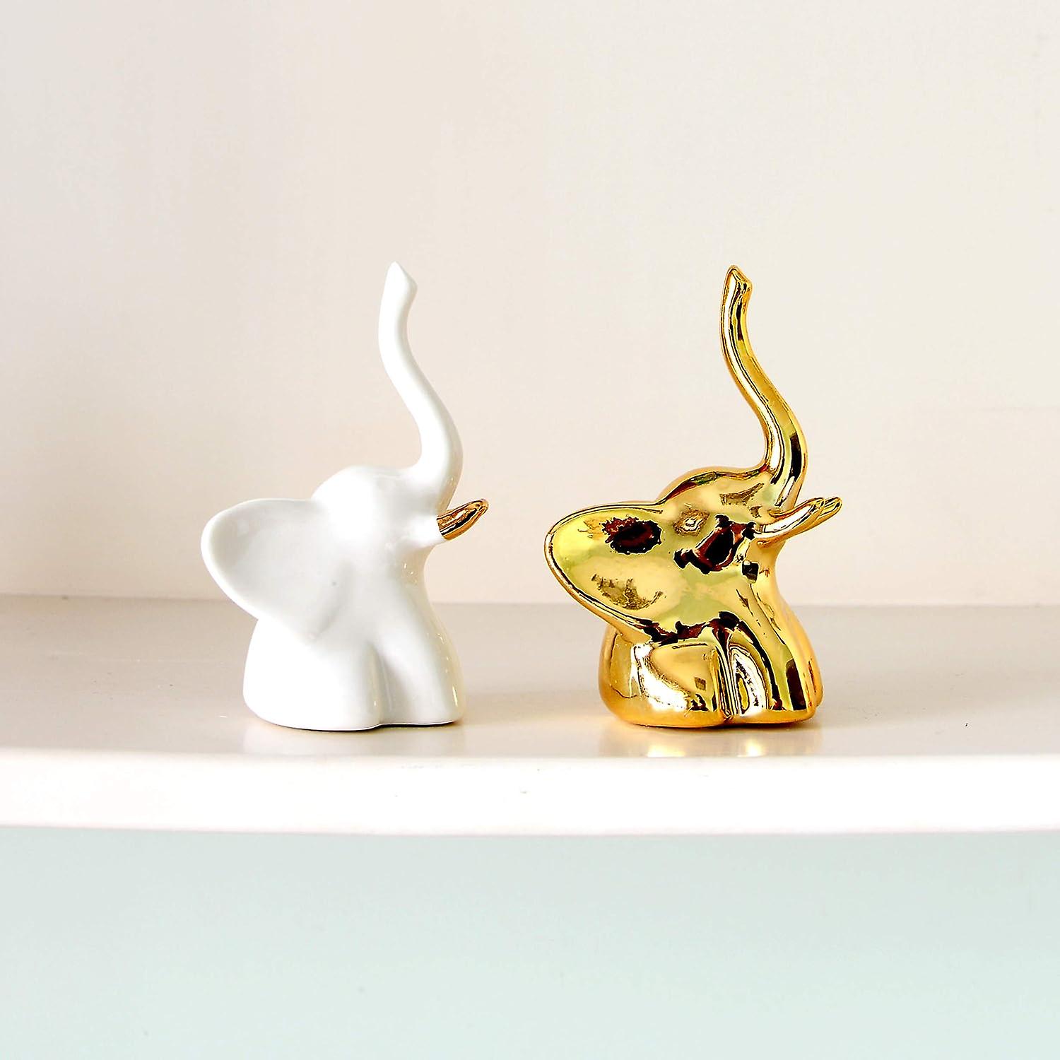 Home Decor Elephant Statues，1 Pair， Small Decorative Accents For Shelves， Livingroom And Bedroom， Gold And White