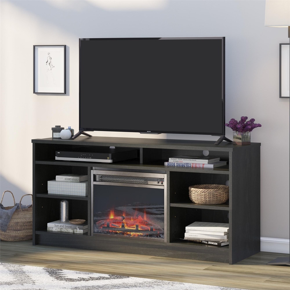 Ameriwood Home Hickory Hill 55 inch TV Stand with Electric Fireplace Insert and 6 Shelves