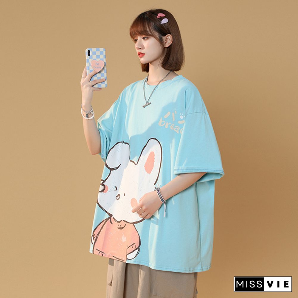 Cartoon Bunny Print Round Collar Casual T-Shirt