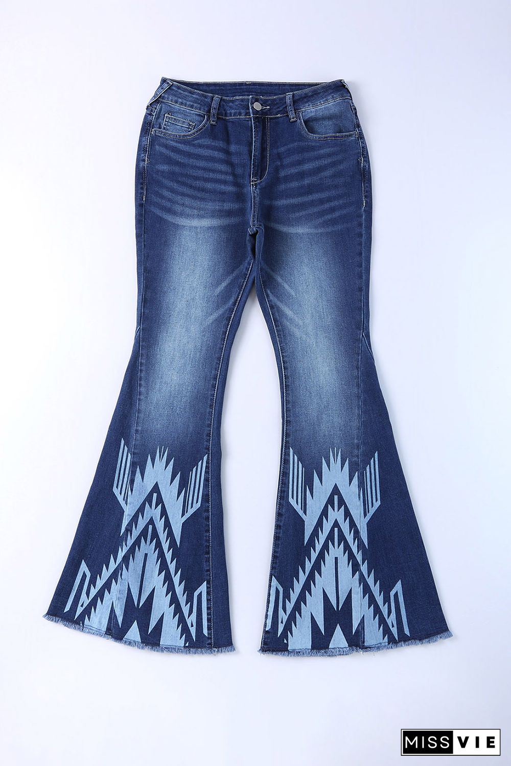 Blue Western Pattern High Rise Flare Jeans