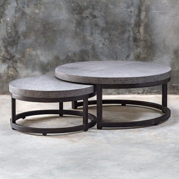 Set of 2 Aiyara Round Gray Nesting Tables with Burlap Wrapped Tops 43