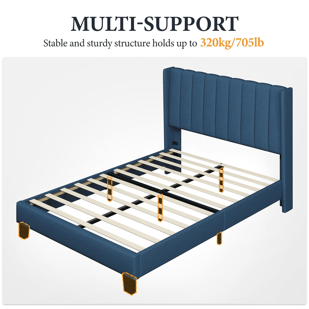 Yaheetech Upholstered Wingback Platform Bed with Support and Mattress Foundation, Full Size, Navy Blue