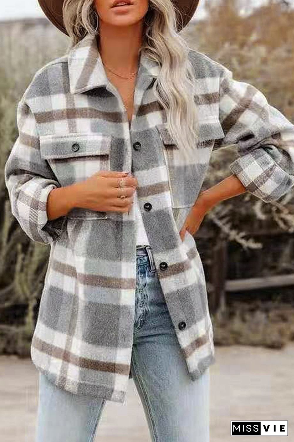 Plaid Button Down Pocketed Shacket Jackets Women Wholesale