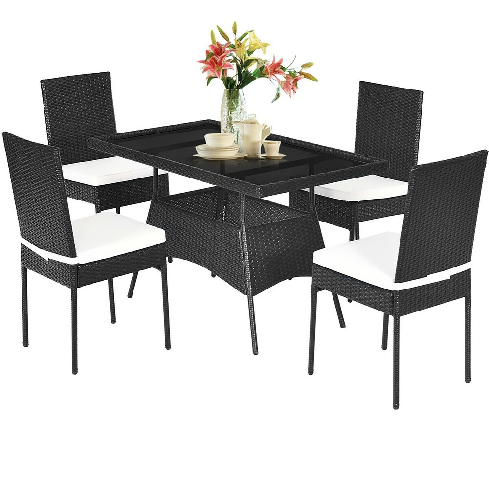 Costway 5PCS Patio Rattan Dining Set Table w/Glass Top Garden   See Details