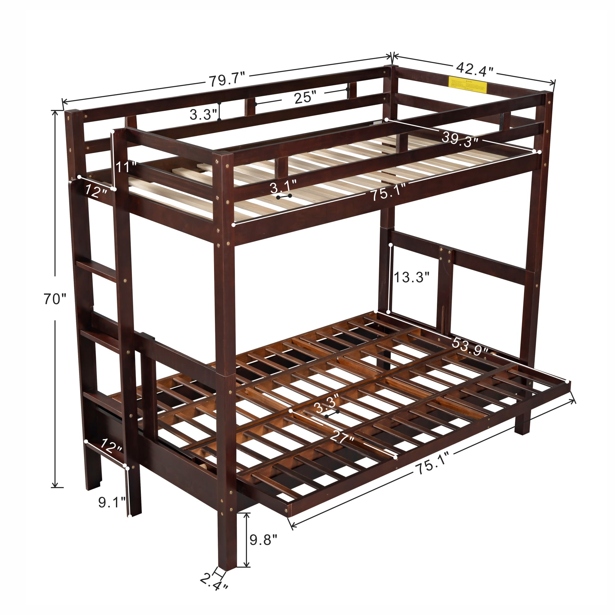 Bellemave Twin Over Full/Futon Bunk Beds, Wood Bunk Bed Frame can be Converted into Couch, 2 in 1 Detachable Bunk Bed for Kids Teens Adults (Espresso)