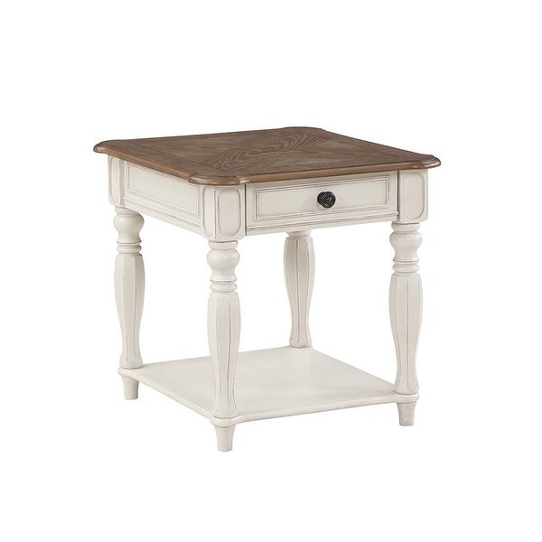 1 Drawer Wooden End Table in Antique White and Oak