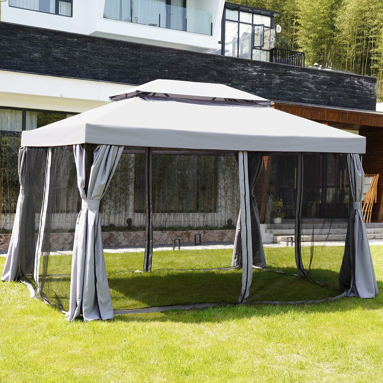 Patio Gazebo, 10x13Ft Gazebo for Patios Outdoor Gazebo with Mosquito Netting and Shade CurtainsSturdy Straight Leg Tent for Deck Backyard Garden, Grey