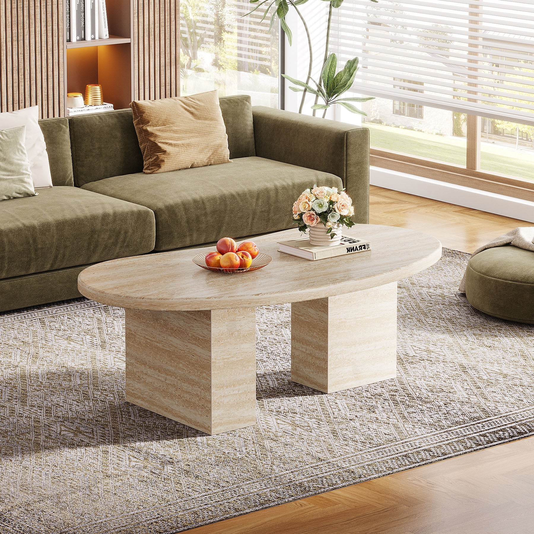 45 Coffee Table, Wood Center Table with Asymmetric Pedestal Legs