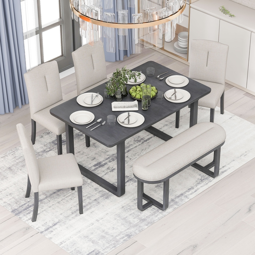 6 Piece Retro Style Dining Set Includes Dining Table 4 Upholstered Chairs   Bench with Foam covered Seat Backs   Cushions