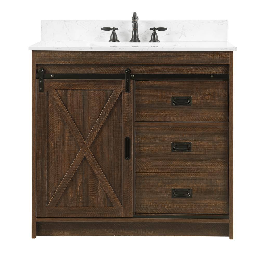 SUDIO Rafter 36 in. W x 22 in. D x 33.86 H Bath Vanity in Rustic Brown with Carrara White Engineered Stone Vanity Top Rafter-36RB