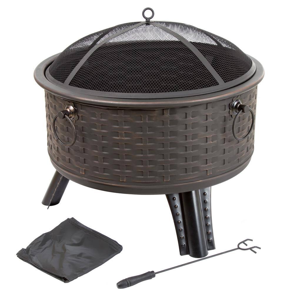 Pure Garden 26 in. Steel Round Woven Fire Pit with Cover M150075