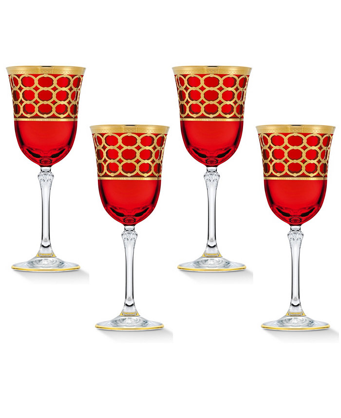 Lorren Home Trends Deep Red Colored Red Wine Goblet with Gold-Tone Rings Set of 4