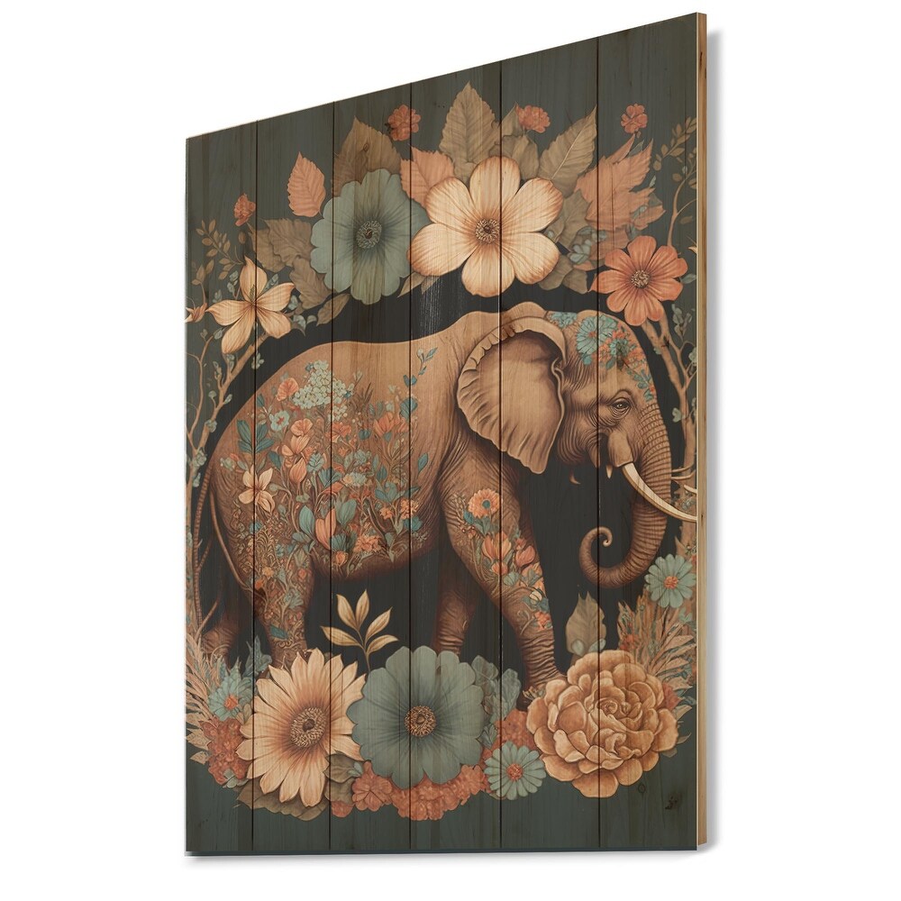 Designart 'Retro Elephant Surrounded By Flowers I' Animals Elephant Wood Wall Art   Natural Pine Wood