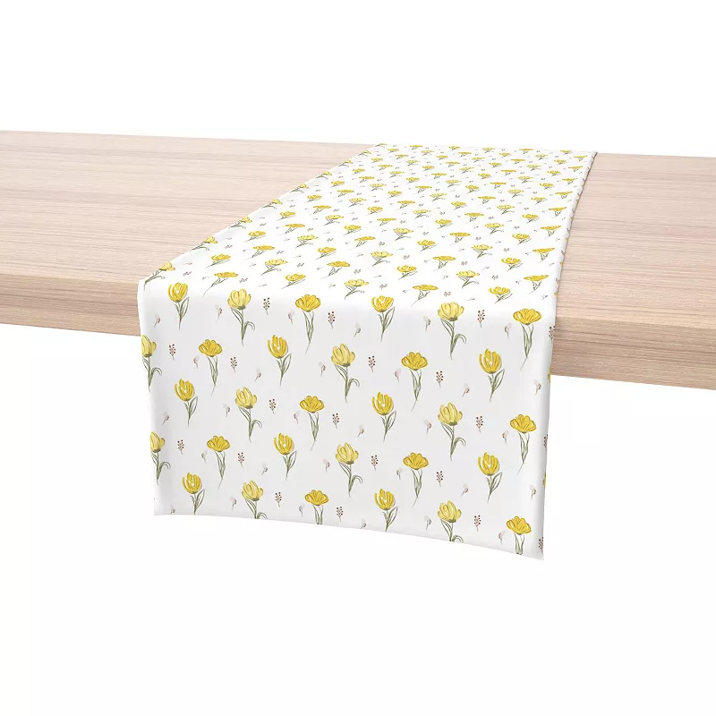 Table Runner， 100% Cotton， 16x108， Hand Drawn Yellow Tulips