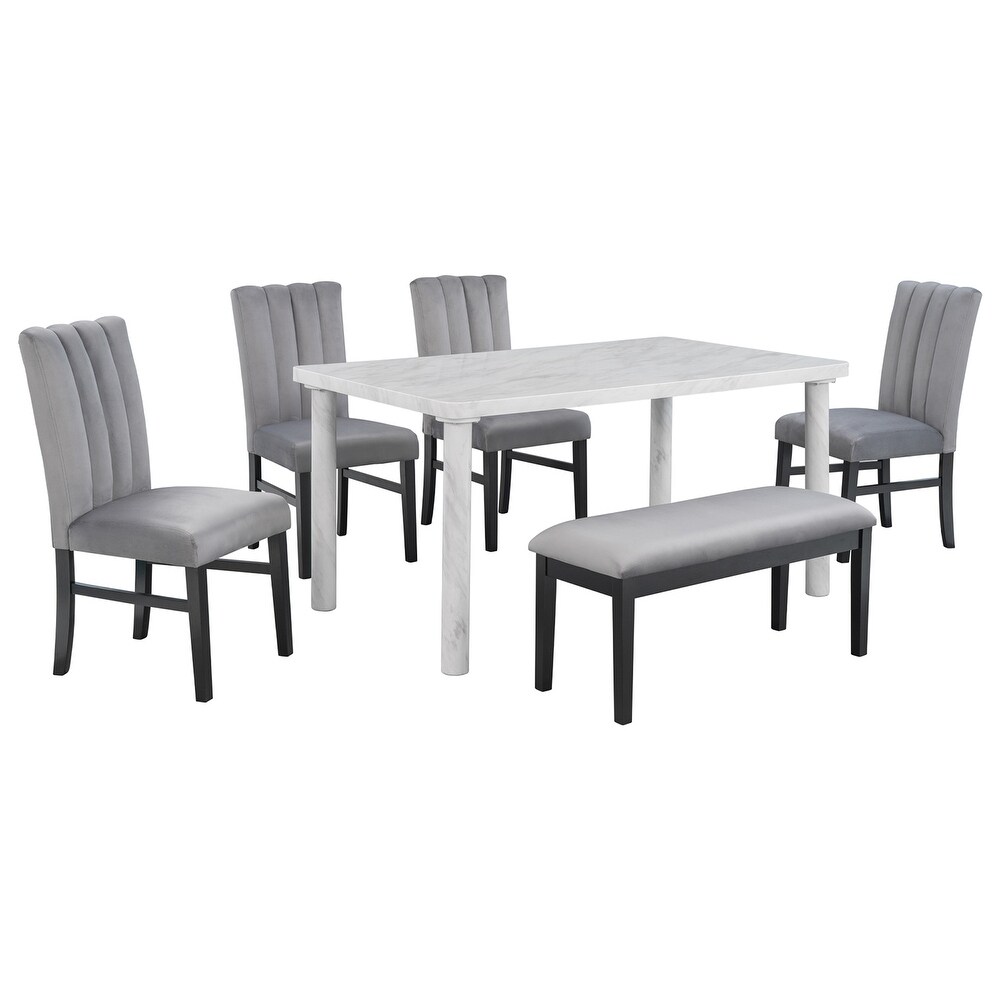 6 Piece Dining Table Set with Marble Veneer Table 4 Chairs and 1 Bench