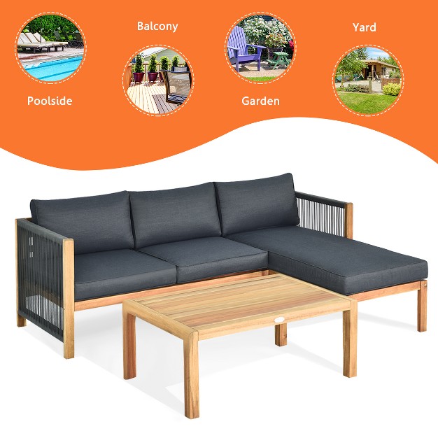 Costway 3pcs Patio Sofa Furniture Set Thick Cushion Acacia Wood