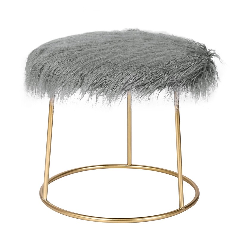 Adeco Vanity Stool Chair Fluffy Ottoman Footrest Round Metal Base