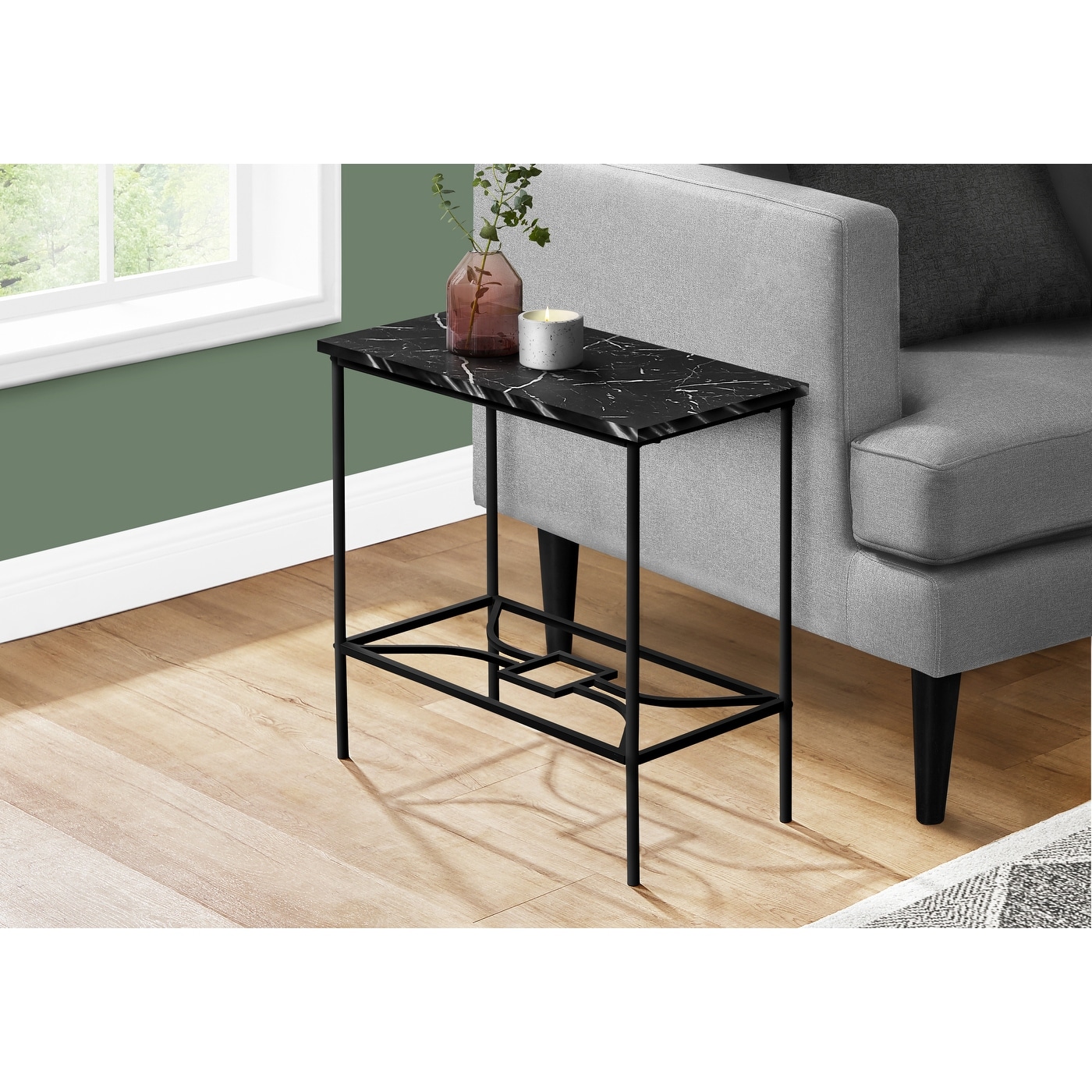 Accent Table， Side， End， Narrow， Small， 2 Tier， Living Room， Bedroom， Metal， Laminate， Marble Look， Contemporary， Modern