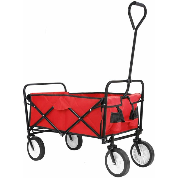 CINAK Heavy Duty Garden Cart, Collapsible Folding Outdoor Utility Wagon, Beach Soccer Field Garden Backyard Shopping Camping Cart, Red