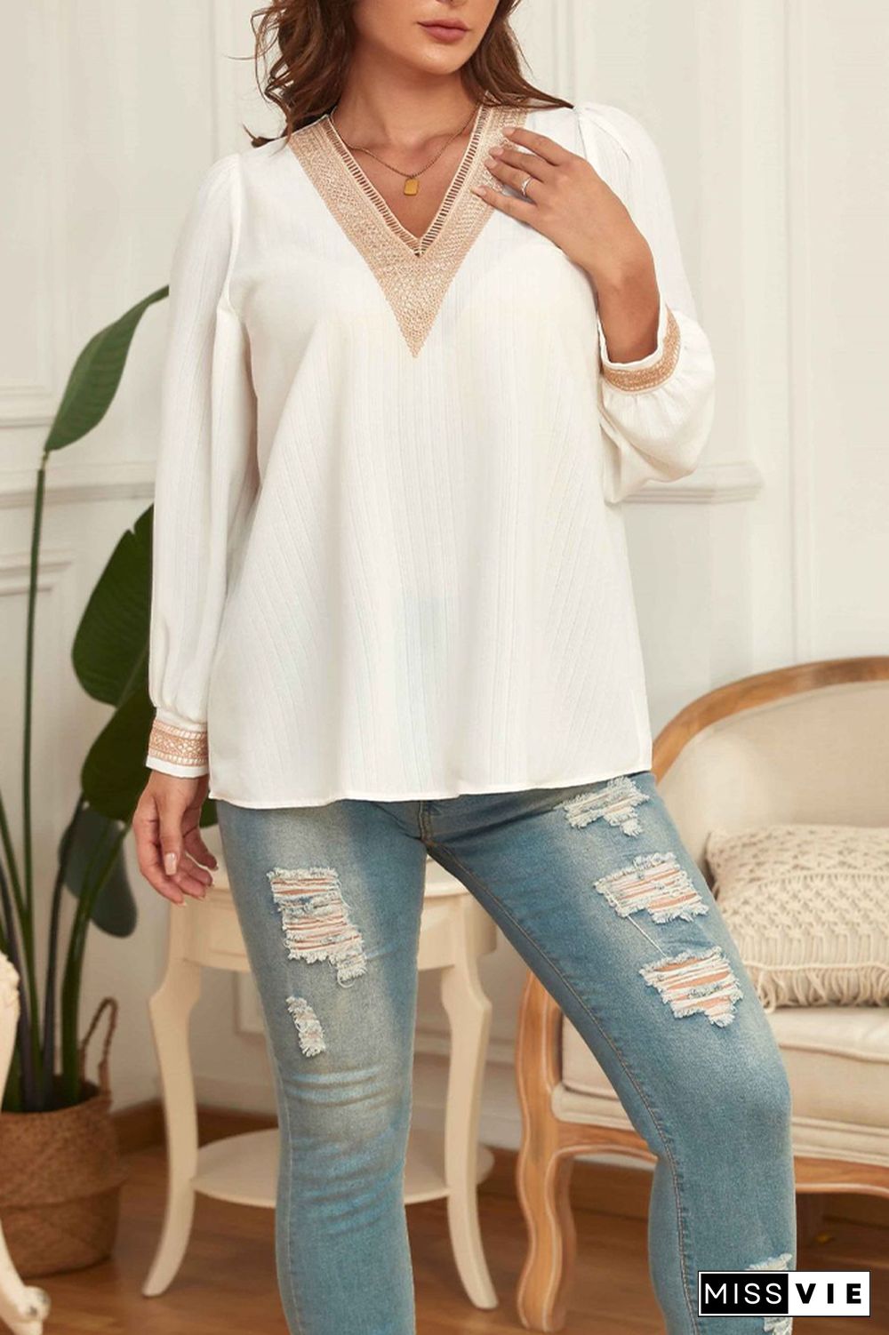 Plus Size White Texture V Neck Blouse