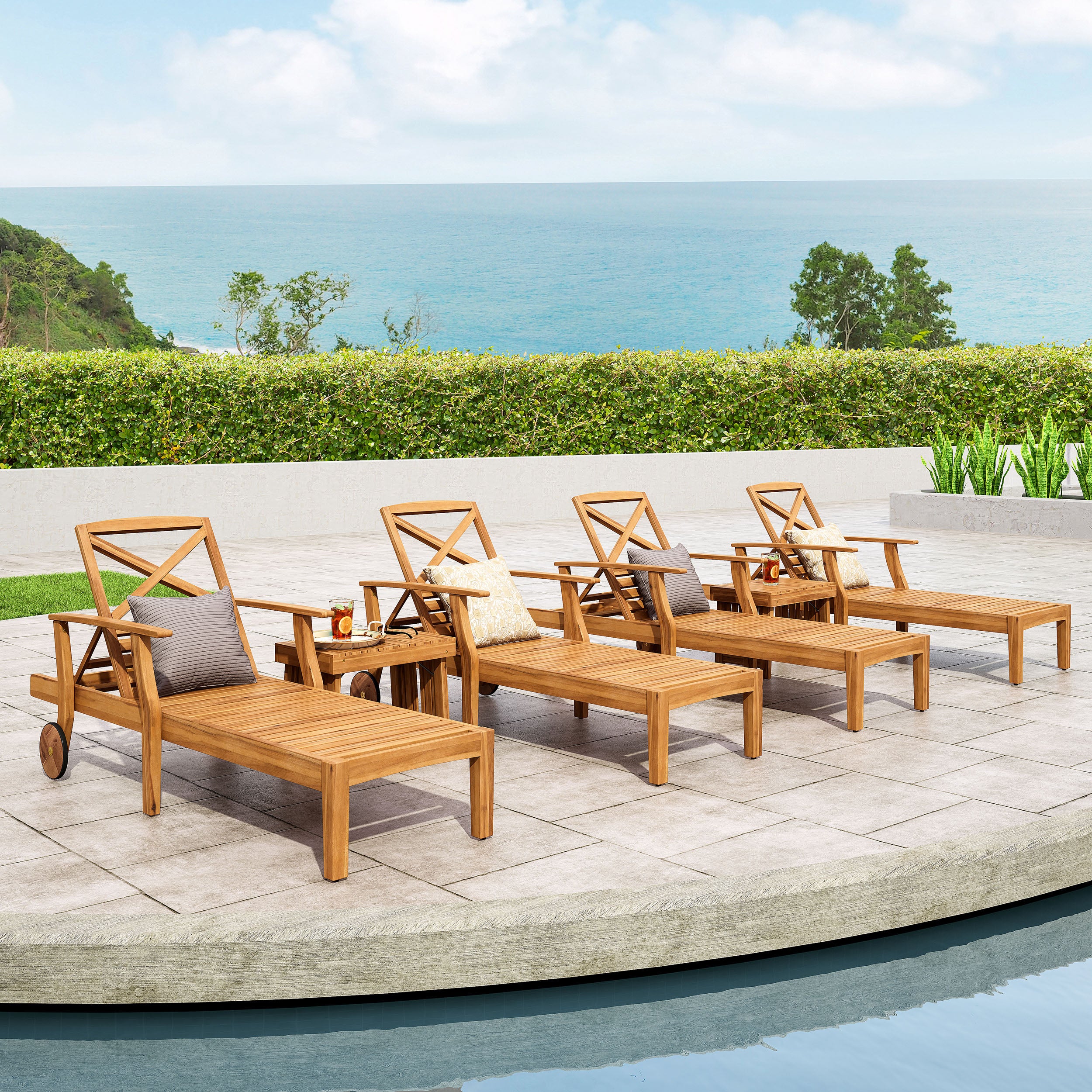 Capri Outdoor Acacia Wood 6 Piece Chaise Lounge Set