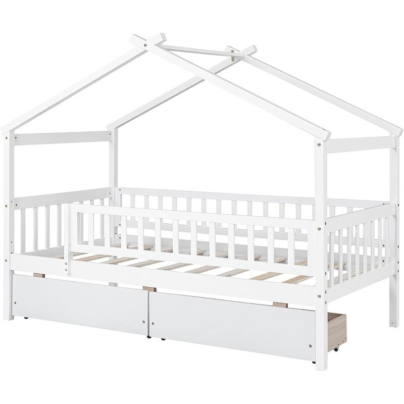 Twin House Bed with 2 Storage Drawers Rails and Roof for Kids