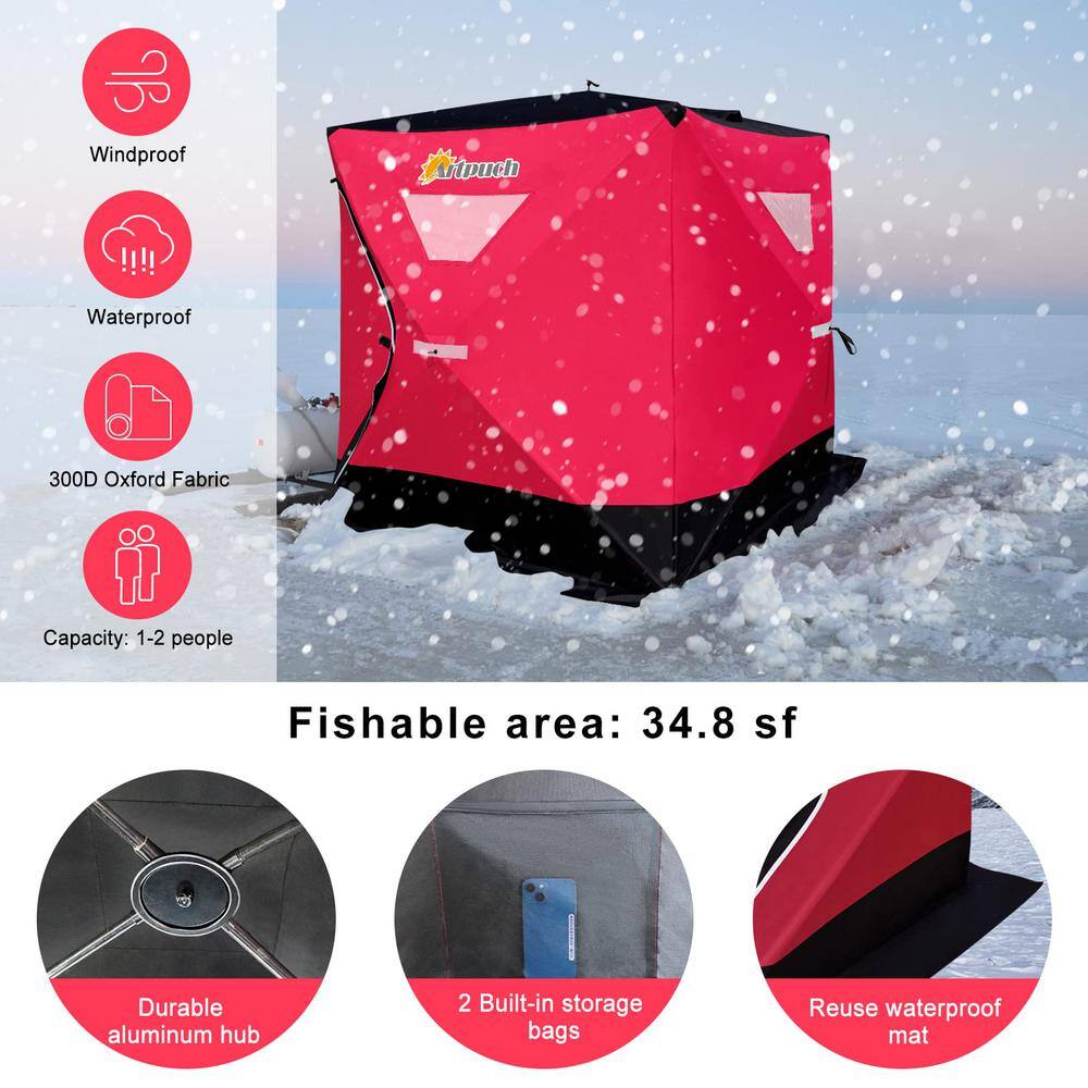Artpuch 3-Person to 4-Person Portable Pop-up Ice Fishing Shelter Tent with Floor Mat Anchors Tie Ropes Carrying Bag AP-Ice Fishing