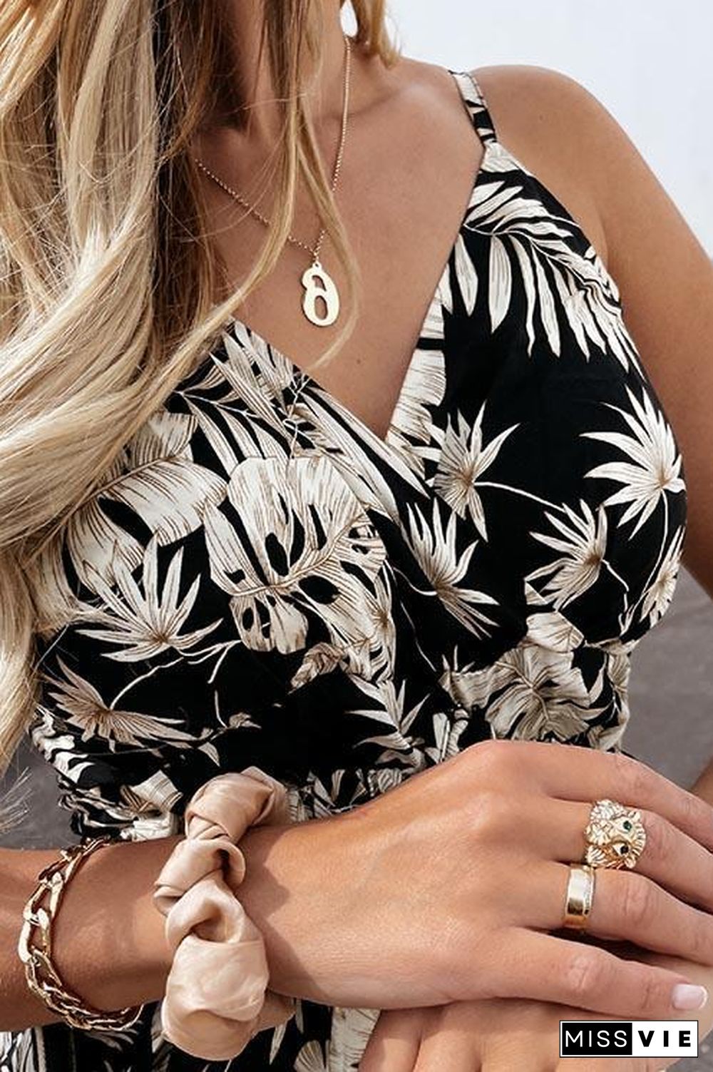 Summer Leaf Print Suspender Maxi Dress