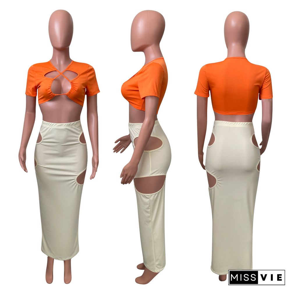 Sexy Ripped Drawstring Hemmed Skirt Set