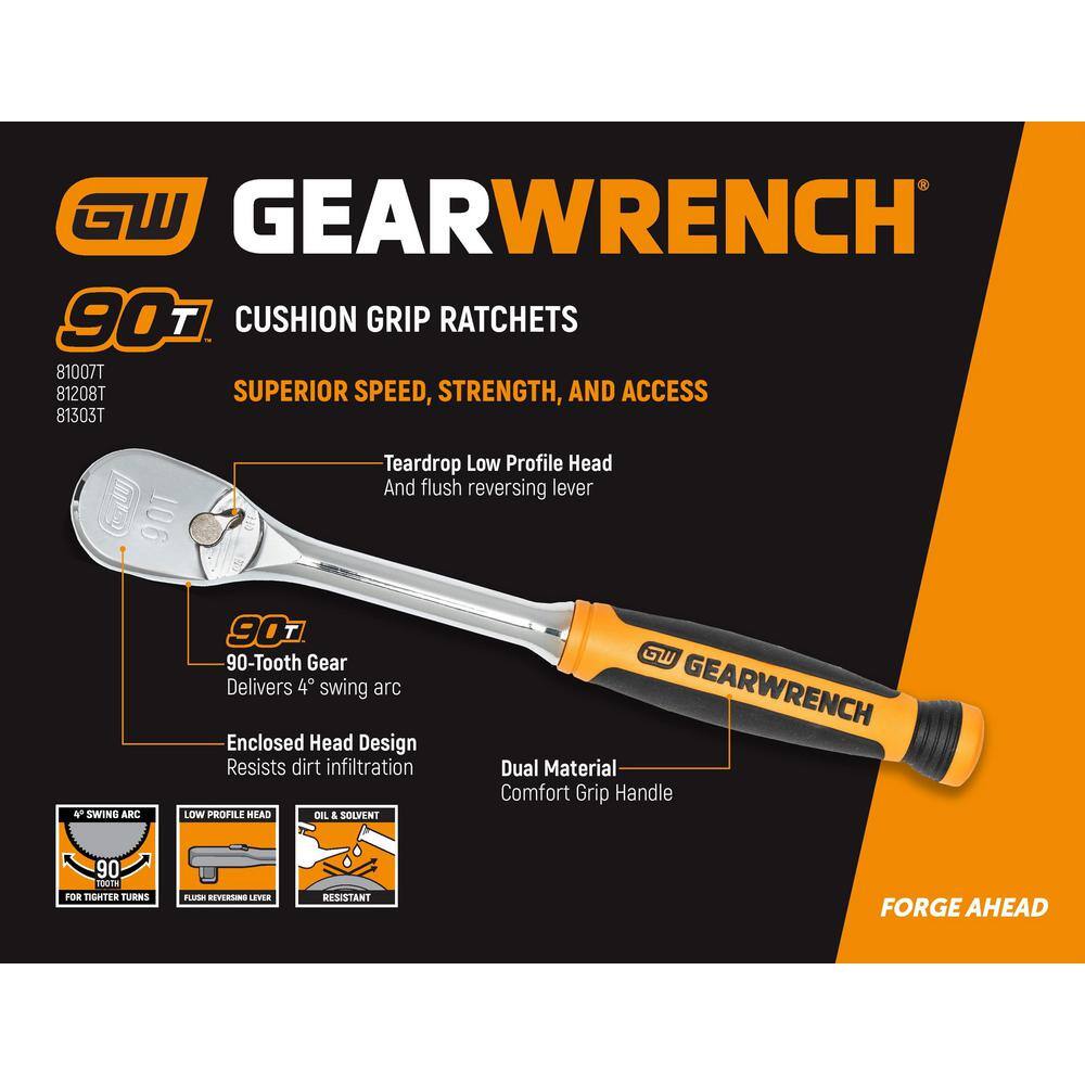 GEARWRENCH 38 in. Drive 90-Tooth Dual Material Teardrop Ratchet 81208T