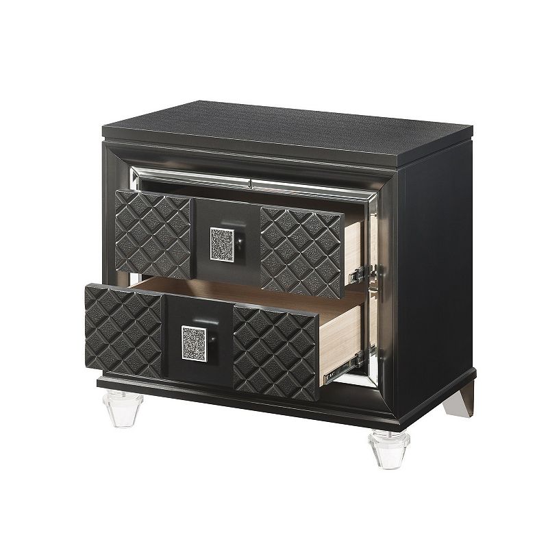 2 Drawer Wooden Nightstand with Mirror Accents and Diamond Pattern， Black